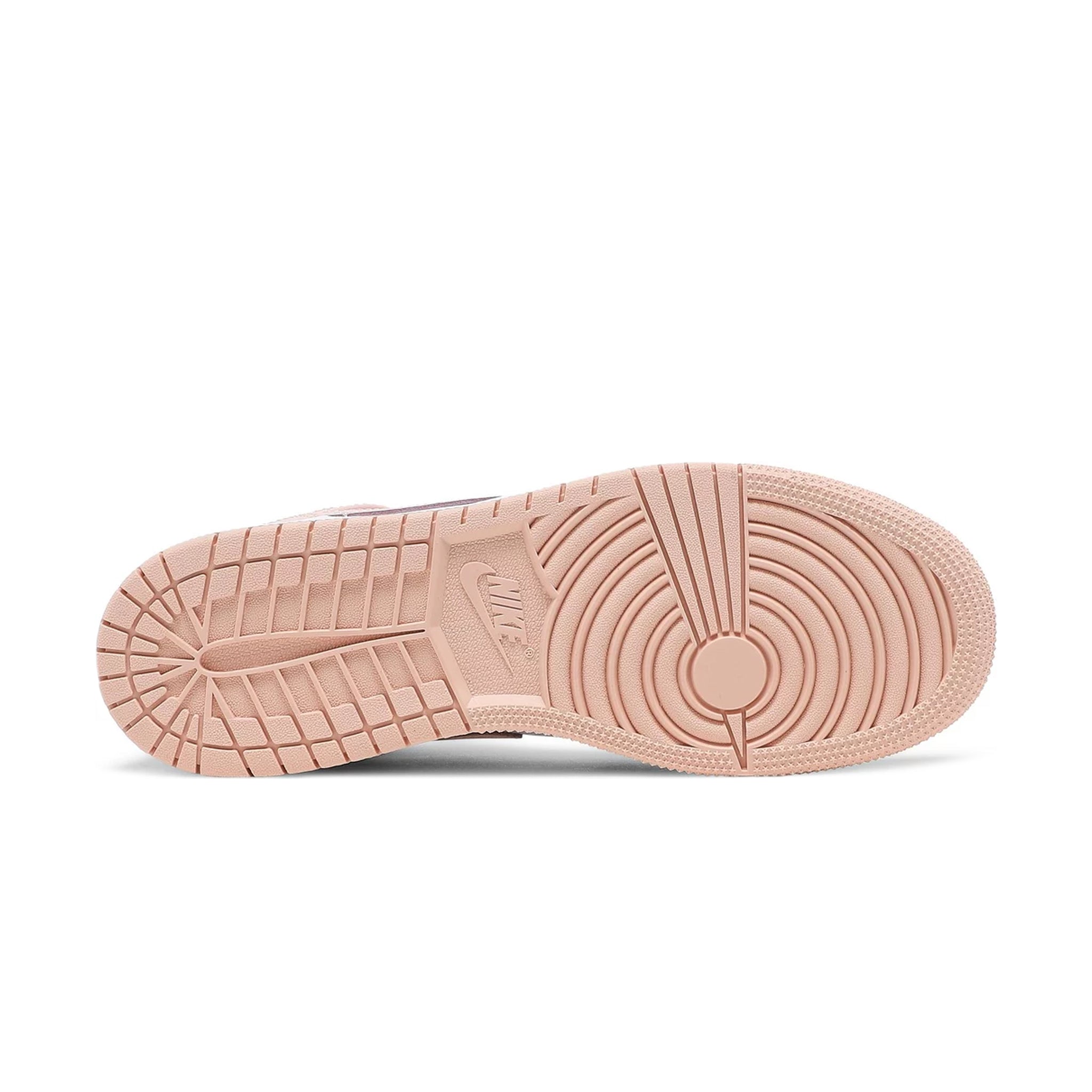Sole view of Air Jordan 1 Mid Crimson Tint Toe (GS) 554725-133